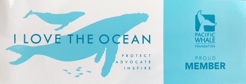 Product Description: "I Love the Ocean. Protect| Advocate|Inspire. Pacific Whale Foundation Proud Member"</br> "I Love the Ocean" Sticker